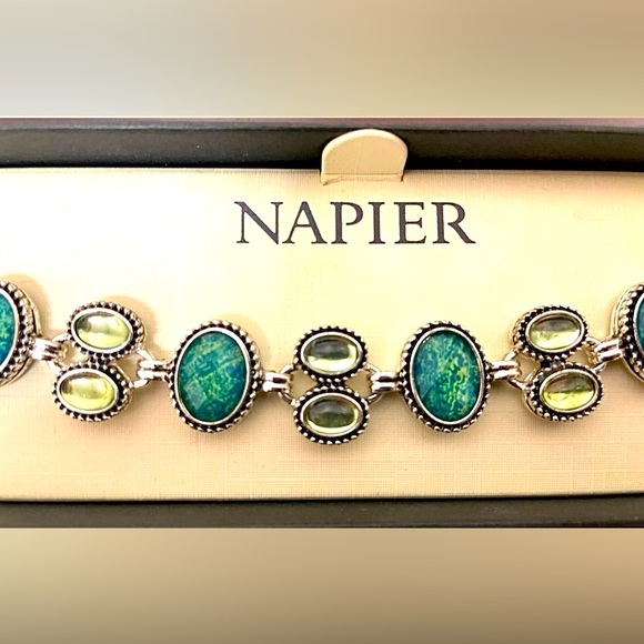 Napier Jewelry - Napier 8” Steampunk Resin Ornate Green Regal Silver Tone Bracelet New in Box